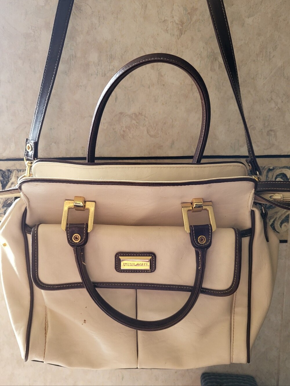 Vintage Studio Works Multi-Compartment Satchel Bag - Cream/Brown